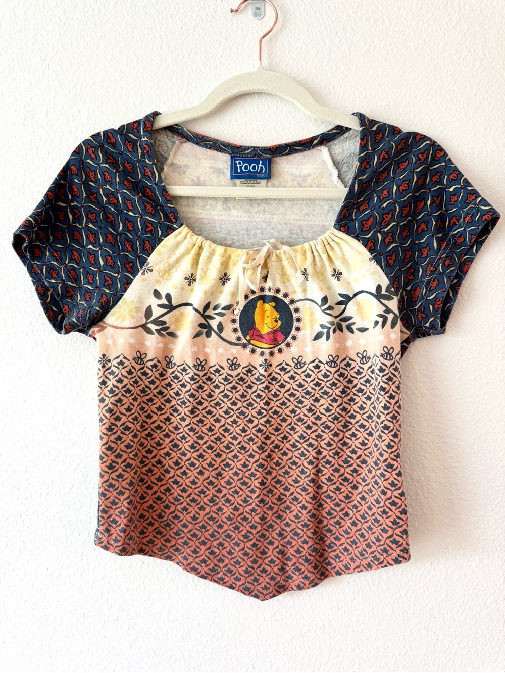 Vintage 90s/Y2K Winnie The Pooh Mixed Print Peasant Top - Fairy Grunge Cottageco